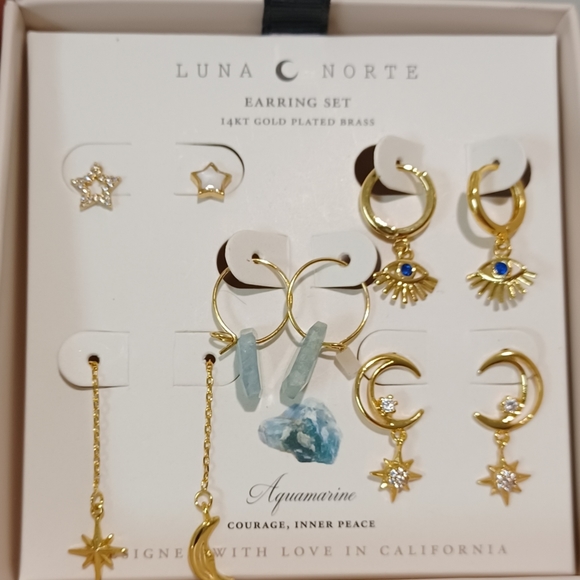 5 PAIRS OF EARRINGS BY LUNA NORTE GOLD PLATED AQUAMARINE GEMSTONES BRAND NEW - Picture 10 of 11